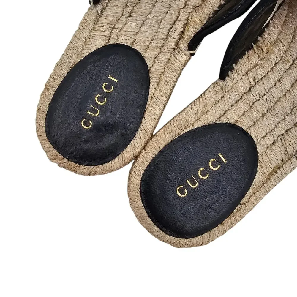 Gucci GG Marmont Black Quilted Leather Espadrille Mule Gold Slide Size 37.5 7.5 - Picture 9 of 10